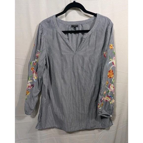 Talbot's Women's Striped Embroidered Floral Blouse Sz 1X Cotton Popover Boho - Picture 1 of 7